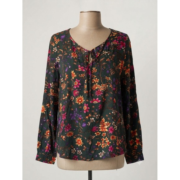 Suzanne Betro Tops - Suzanne Betro Floral Blouse Forest Green Pink Orange Tie Neck Top XL